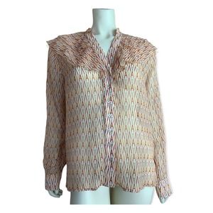 The Shirt Rochelle Behrens Printed Ruffle Button Front Long Sleeve Top